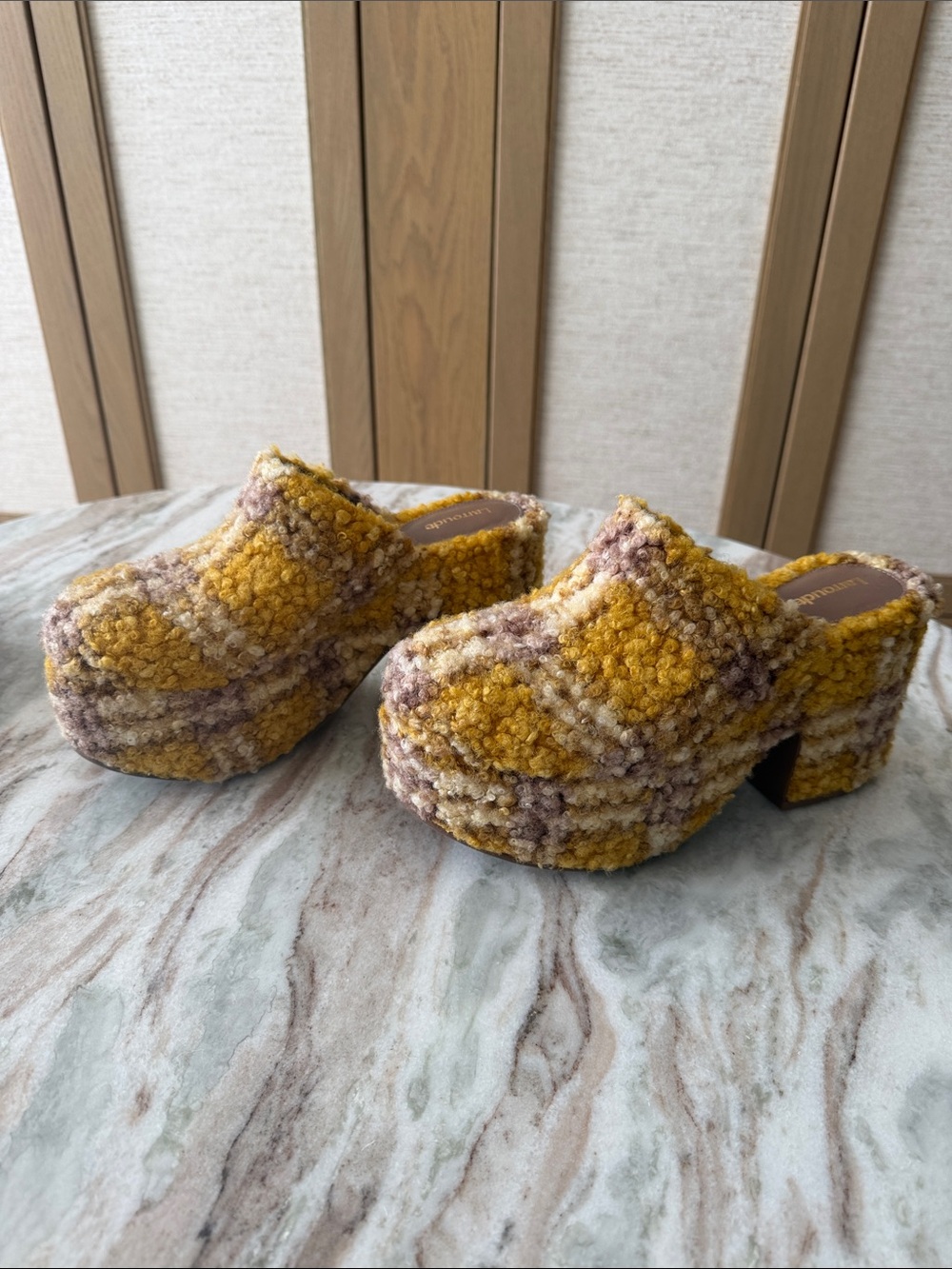 Larroude Mustard Plaid Bouclé Platform Mules